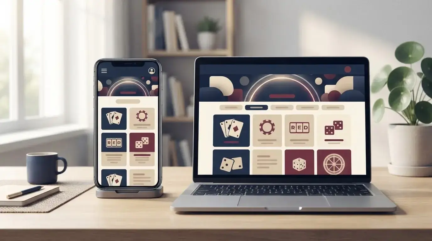 Illustration einer Online-Casino-Seite auf Smartphone und Desktop