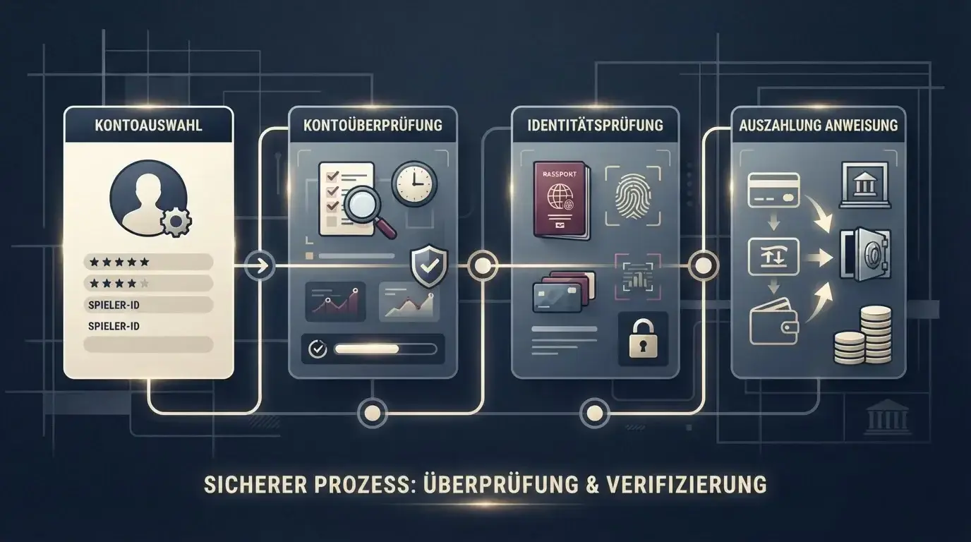 Illustration eines Auszahlungsprozesses vom Casino-Konto über Verifizierung bis zur Zahlung