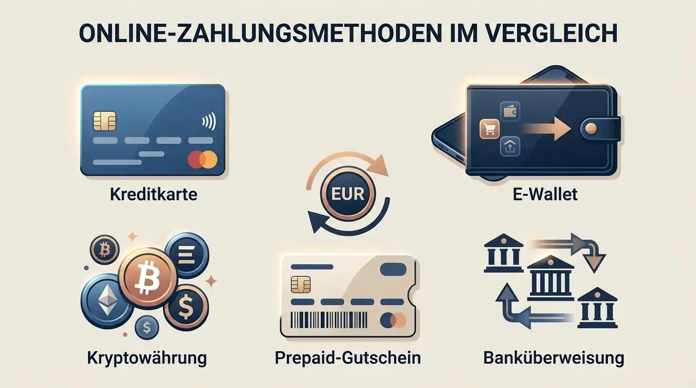 Illustration verschiedener ViperWin Zahlungsarten von Karte über E-Wallet bis Kryptowährung