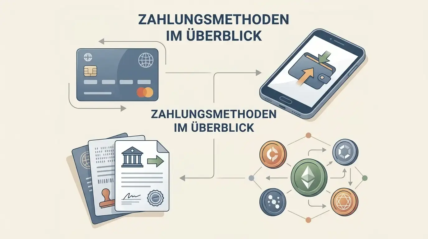 Illustration verschiedener Zahlungswege mit Karte, E-Wallet, Banktransfer und Kryptowährung