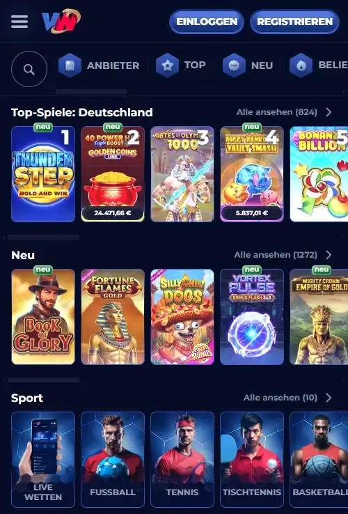 Offizielle mobile ViperWin Website auf einem Smartphone-Viewport