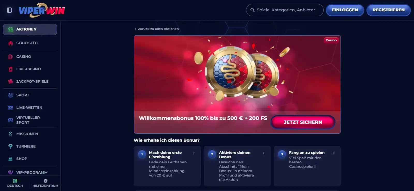 Offizielle ViperWin Bonusseite mit aktuellem Willkommensangebot