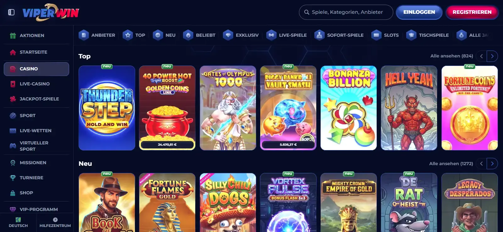 Offizielle ViperWin Casino-Lobby mit sichtbaren Spielkategorien