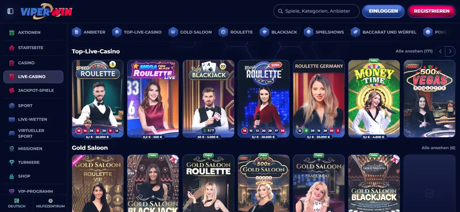Offizielle ViperWin Live-Casino-Lobby mit realen Tischen und Kategorien